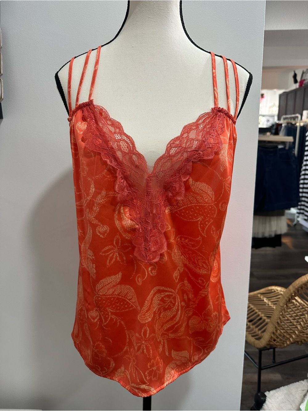 Free People Orange Lace Trim Floral Satin Camisole